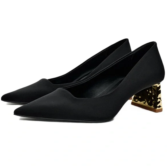 Zara Black Satin Heels With Metallic Gold Block Heel - Picture 1 of 11